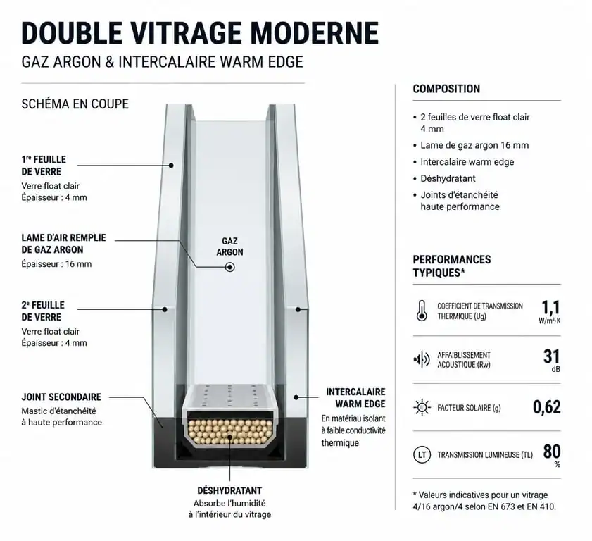 Schéma technique d'un double vitrage performant avec gaz argon et intercalaire warm edge pour le remplacement de vitrage