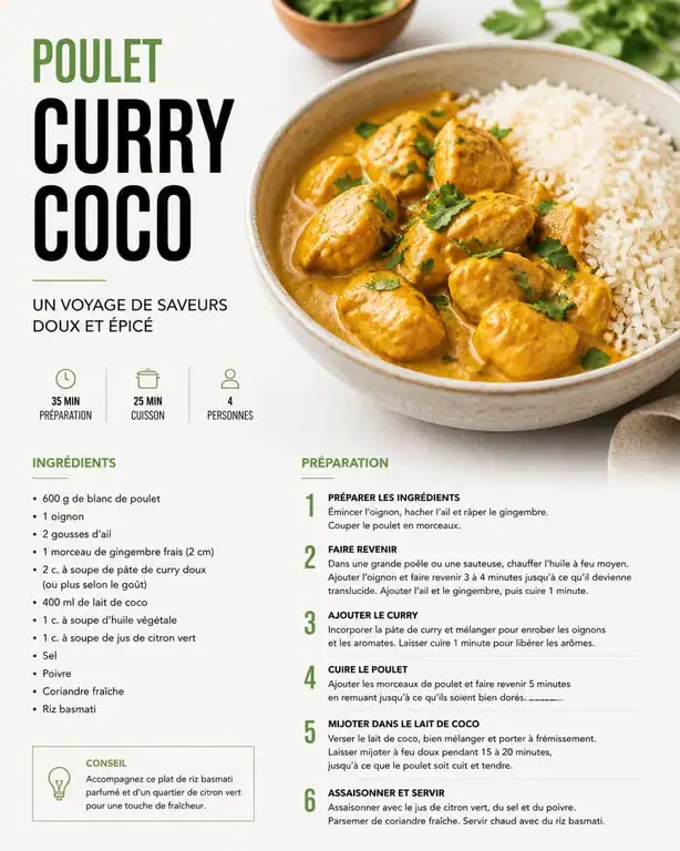 Poulet au curry coco et lait de coco, plat à base de poulet savoureux et facile à réaliser