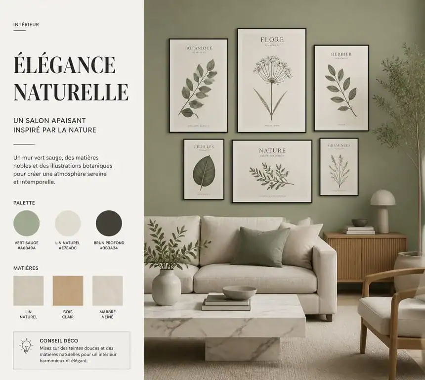 Décoration murale vert sauge dans un salon contemporain avec galerie de cadres