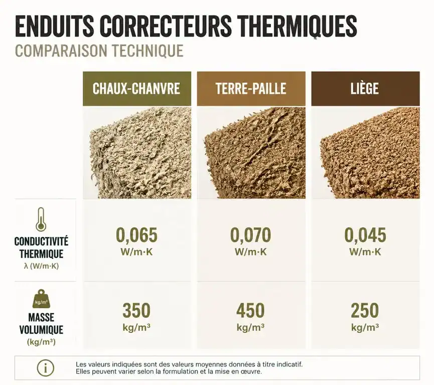 Tableau comparatif des performances des enduits correcteurs thermiques : Chaux-Chanvre, Terre-Paille et Liège