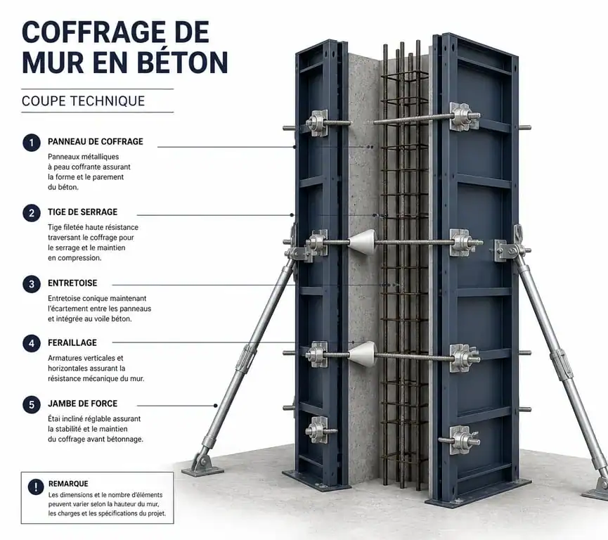 Schéma technique des composants d'un coffrage de mur en béton pour la construction