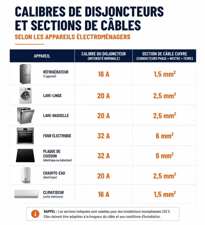 Tableau récapitulatif : quel disjoncteur pour quel appareil selon la norme NF C 15-100