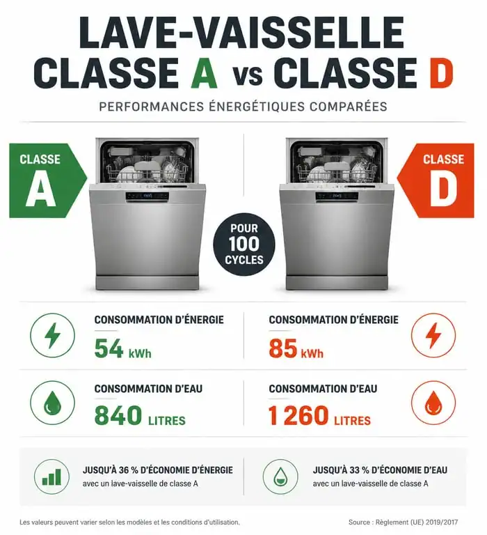 Comparatif des performances énergétiques entre un lave-vaisselle classe A et classe D