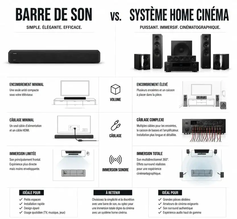 Comparatif visuel entre une barre de son et un système home cinéma pour choisir la meilleure solution audio.