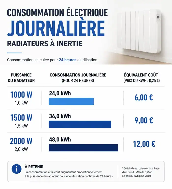 Infographie comparant la consommation journalière d'un radiateur à inertie selon sa puissance