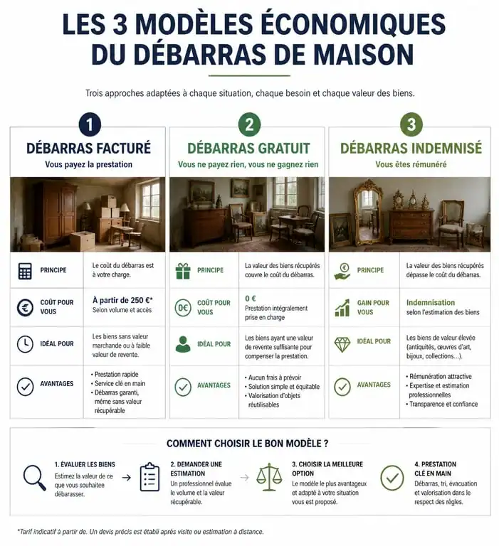 Infographie des modèles de tarification pour un débarras maison : facturé, gratuit ou indemnisé