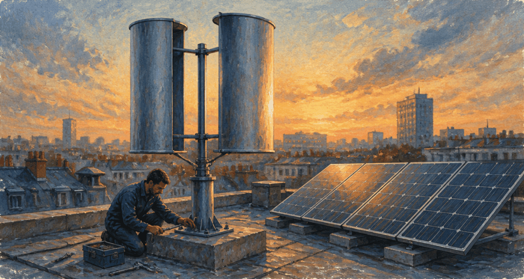 éolienne verticale Savonius sur toit urbain au crépuscule