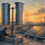 éolienne verticale Savonius sur toit urbain au crépuscule