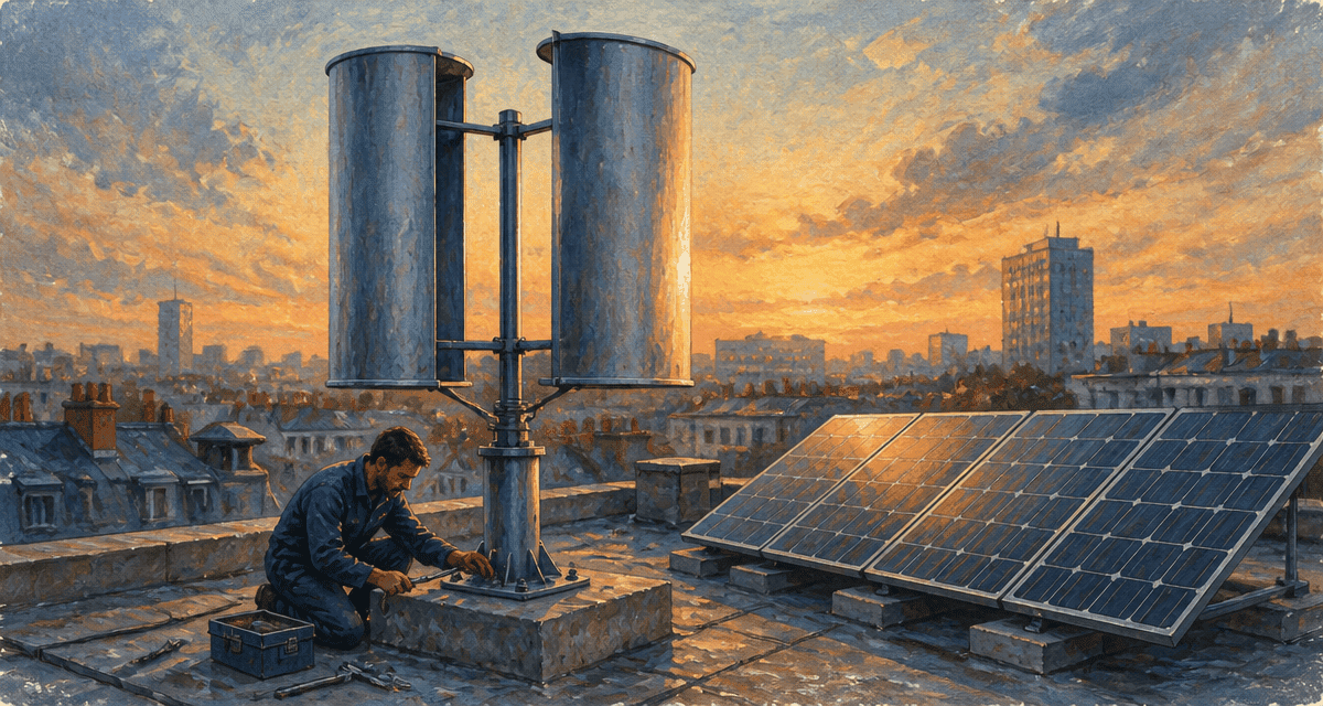 éolienne verticale Savonius sur toit urbain au crépuscule