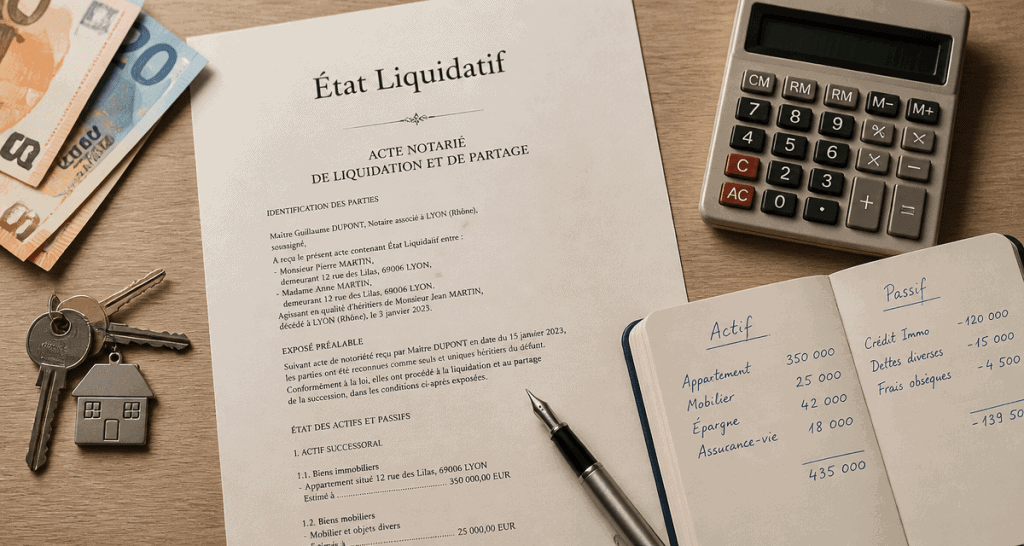 etat liquidatif acte notarie et calculatrice
