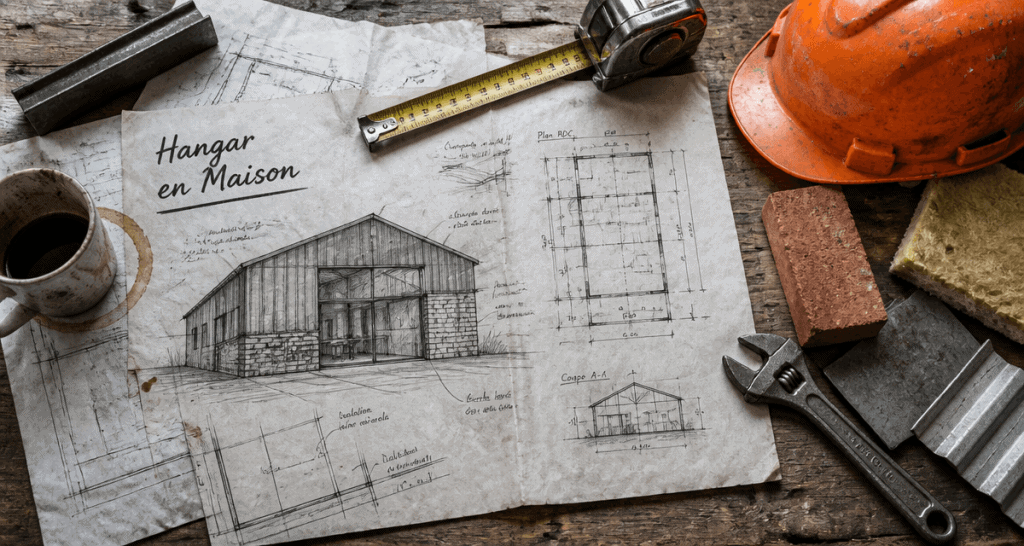hangar aménagé en maison avec plans et outils