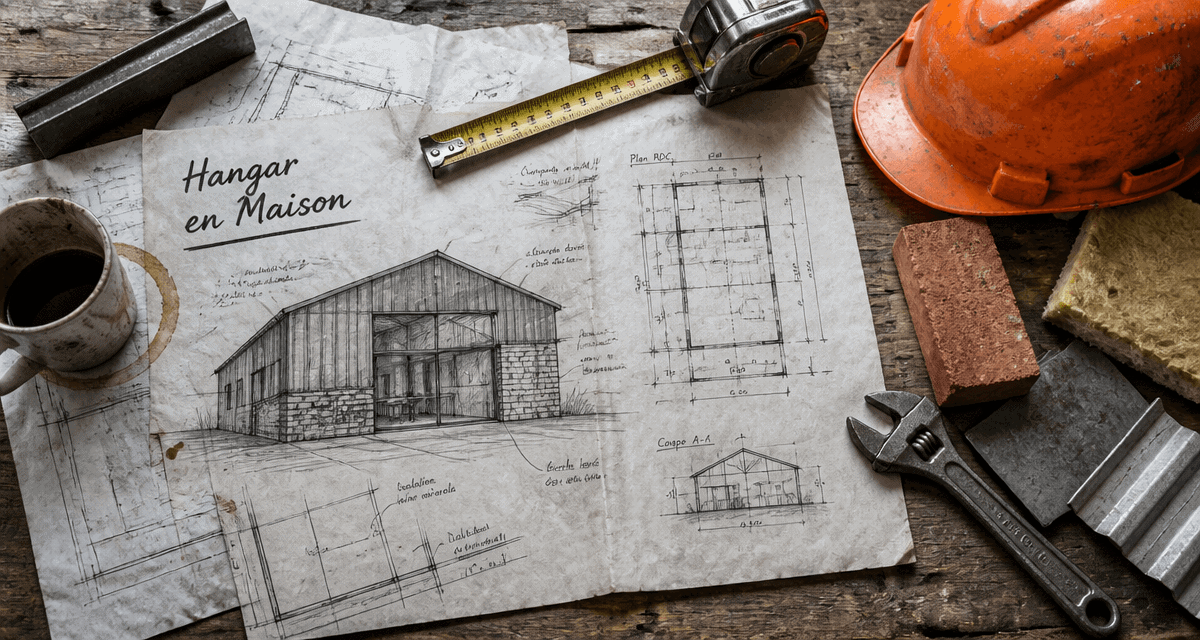 hangar aménagé en maison avec plans et outils