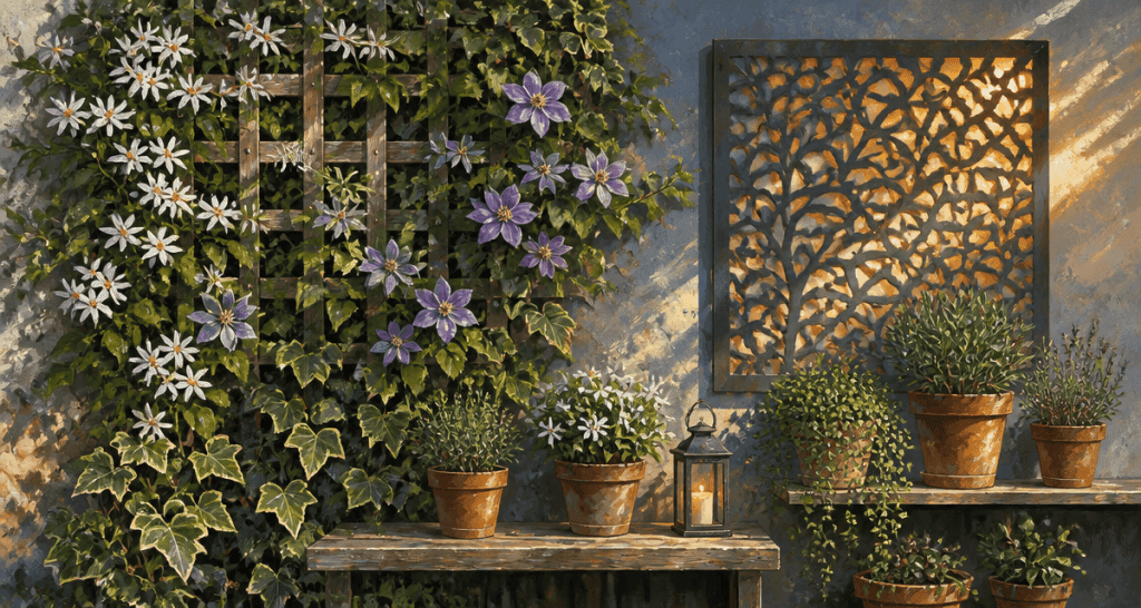 idee pour cacher un mur exterieur avec treillage et panneau decoratif