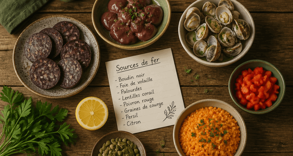 liste d aliments riche en fer sur table bois