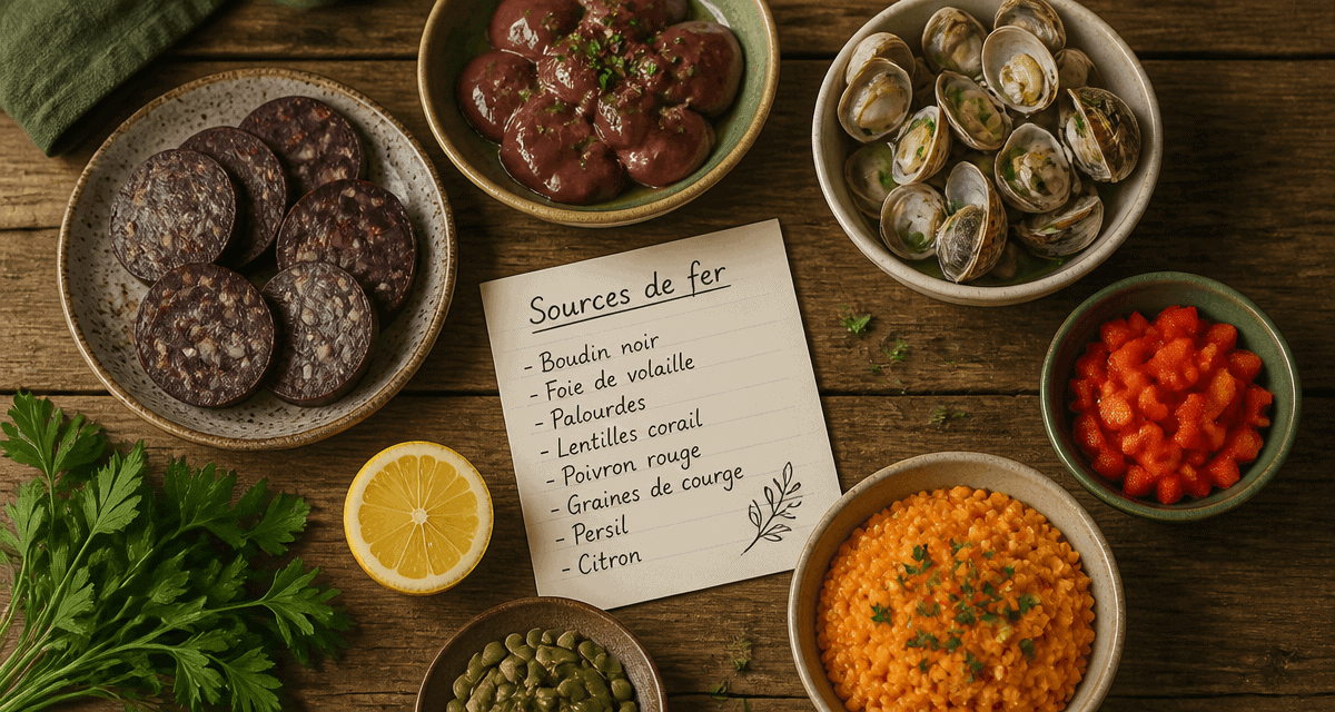 liste d aliments riche en fer sur table bois