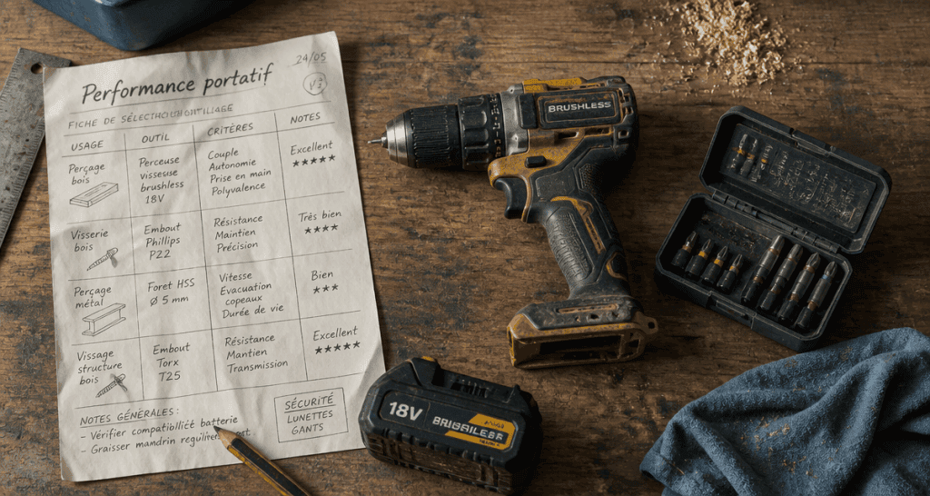 outillage portatif perceuse batterie sur établi