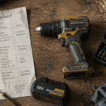 outillage portatif perceuse batterie sur établi
