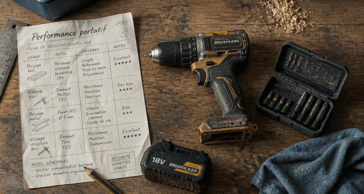 outillage portatif perceuse batterie sur établi