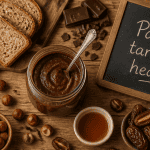 Pate a tartiner healthy maison sur table avec noisettes et chocolat