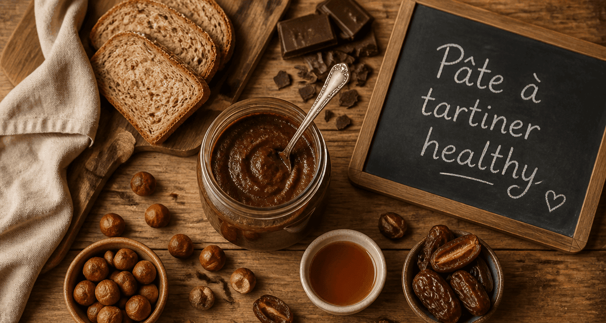 Pate a tartiner healthy maison sur table avec noisettes et chocolat
