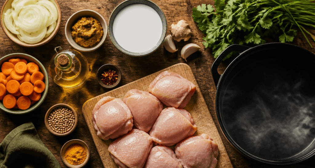 Plat a base de poulet curry coco sur plan de travail