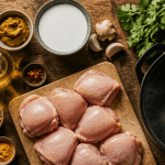 Plat a base de poulet curry coco sur plan de travail