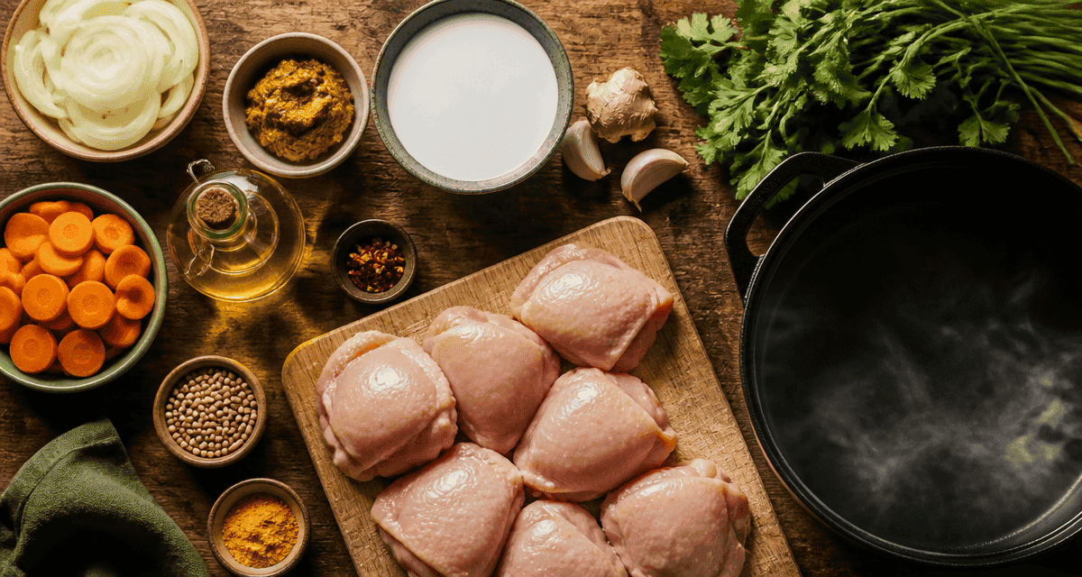 Plat a base de poulet curry coco sur plan de travail