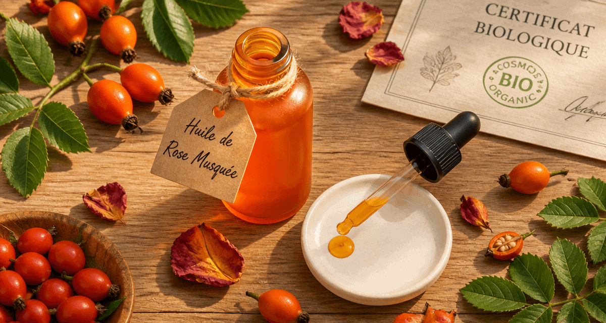 quelle est la meilleure huile de rose musquée en bouteille bio sur table bois