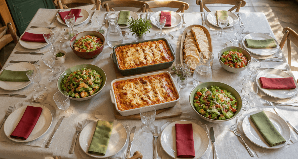 recette 10 personnes table dressée lasagnes salades