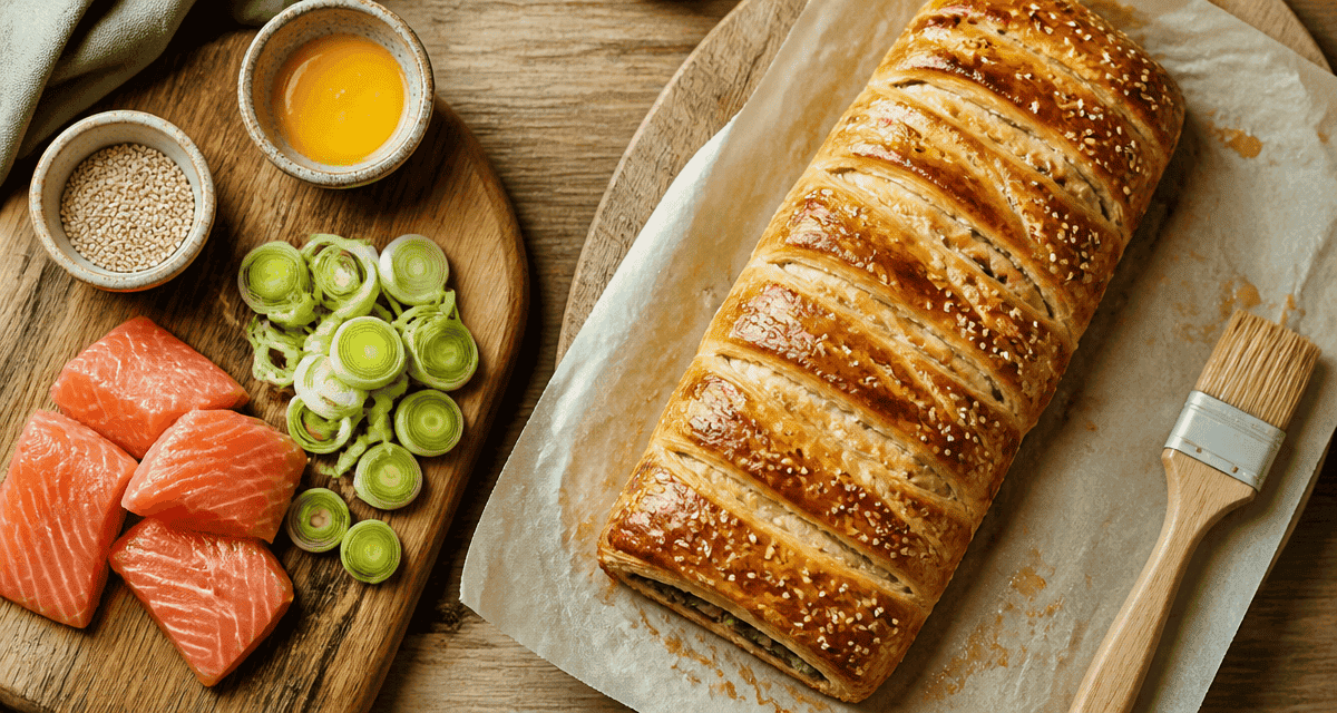 recette feuilleté salé tressé doré sur table rustique