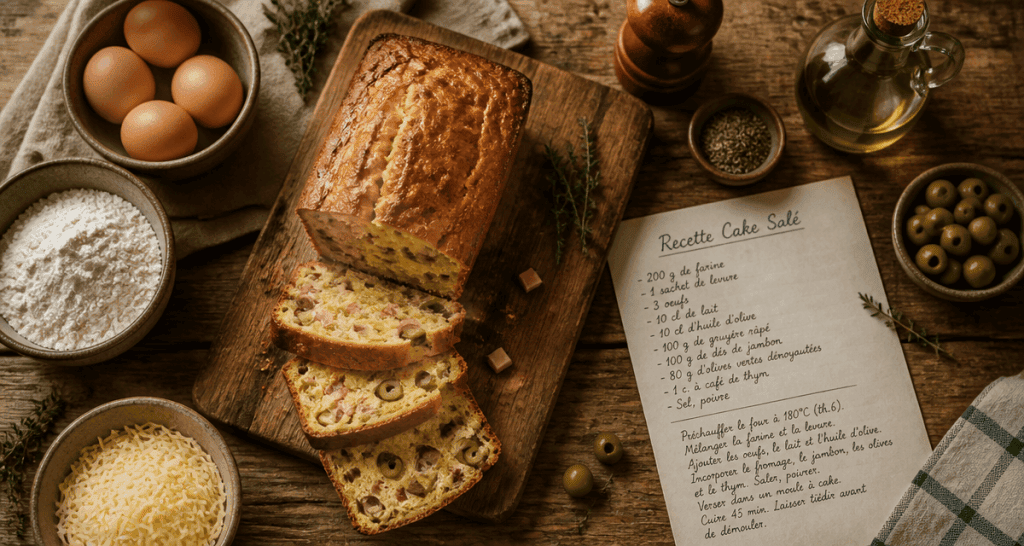 recette salé cake olives jambon sur table rustique
