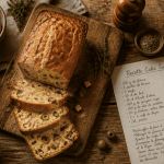 recette salé cake olives jambon sur table rustique