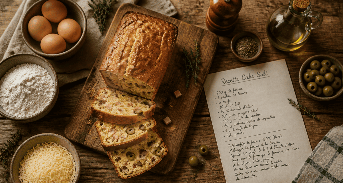recette salé cake olives jambon sur table rustique