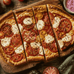 Tarte fine recette avec tomates sur planche rustique