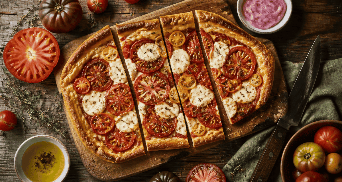 Tarte fine recette avec tomates sur planche rustique