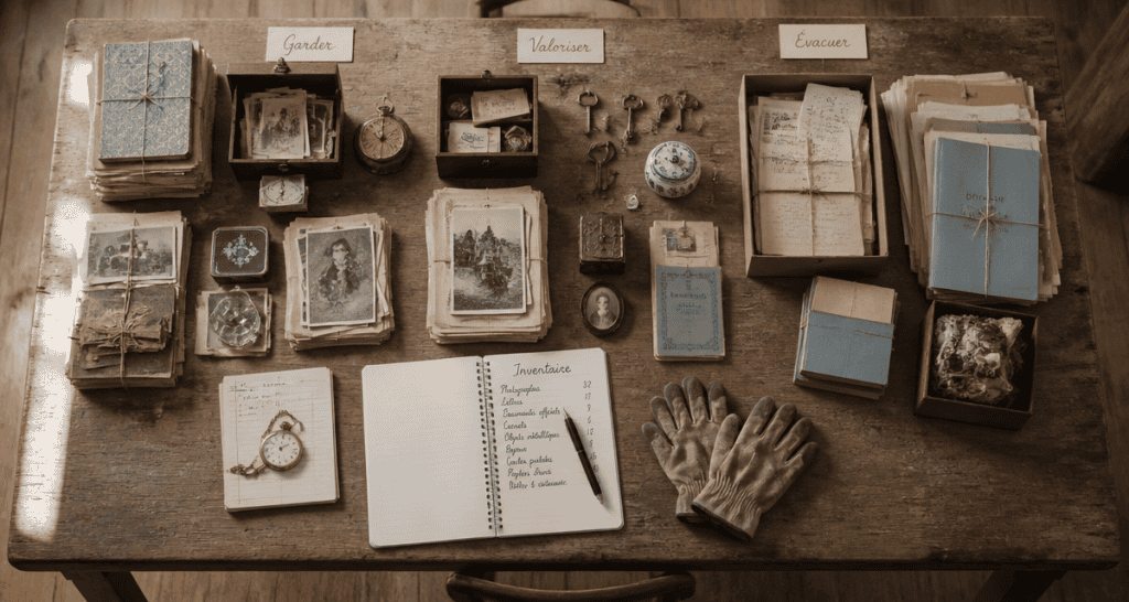 Vue de table organisée pour vidage maison