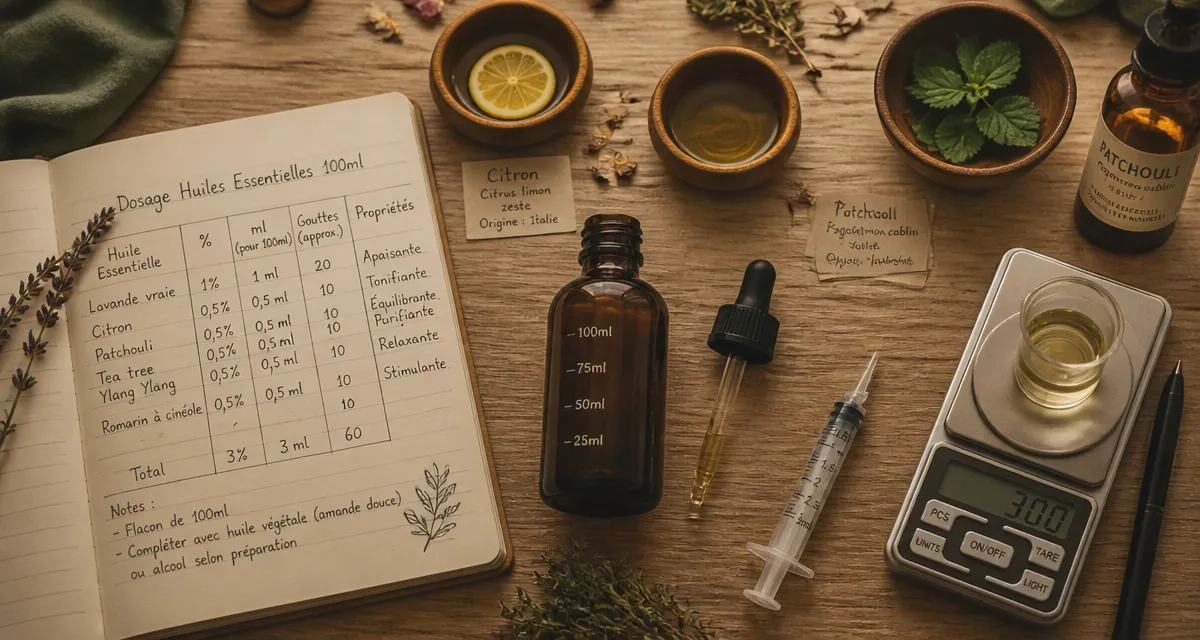 Combien de gouttes d'huile essentielle pour 100ml, flacon, seringue et tableau de dosage