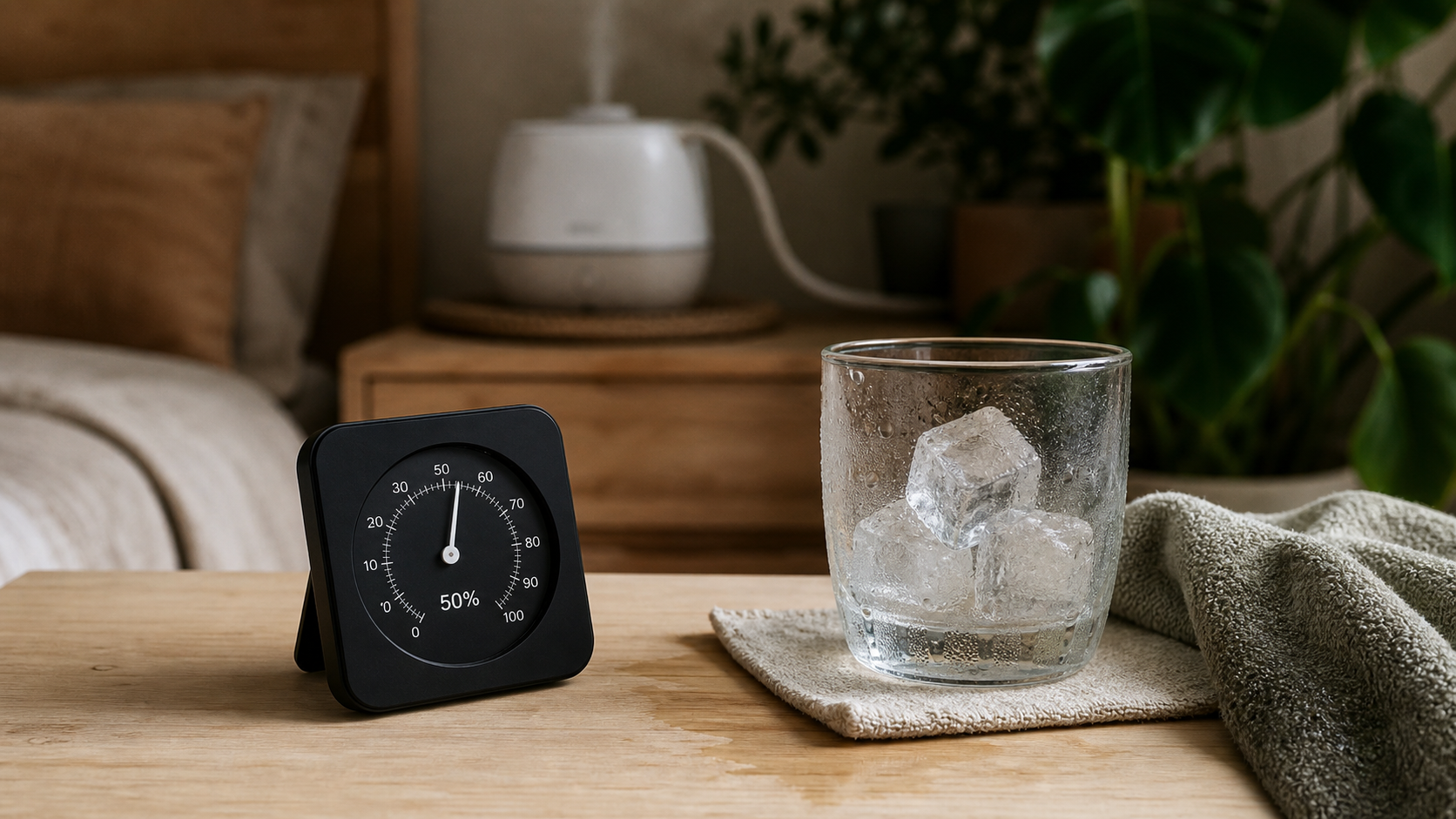 Comment humidifier une chambre : hygromètre à ~50% et humidificateur pour humidité 40-60%