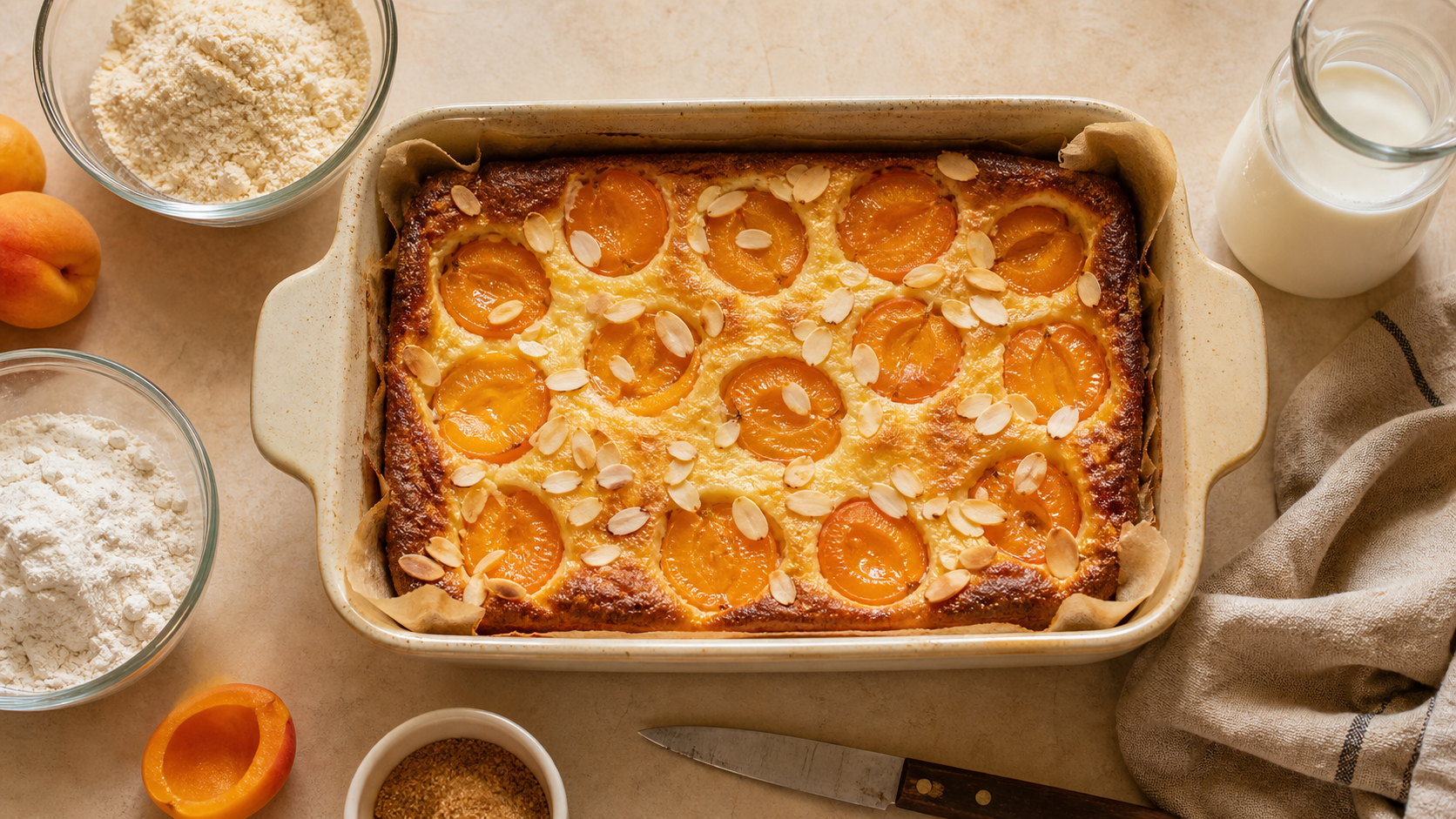Dessert abricot : clafoutis aux abricots dorés, amandes et sucre roux