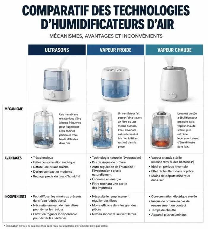 Infographie comparative des types d'humidificateurs pour savoir comment humidifier une chambre efficacement