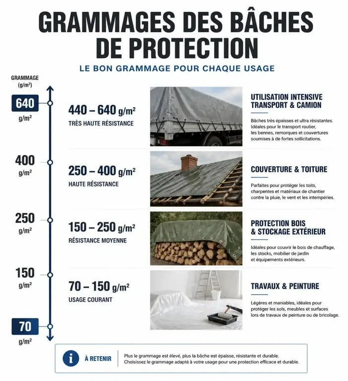 Infographie comparative des grammages de bâche de protection selon l'usage et la résistance