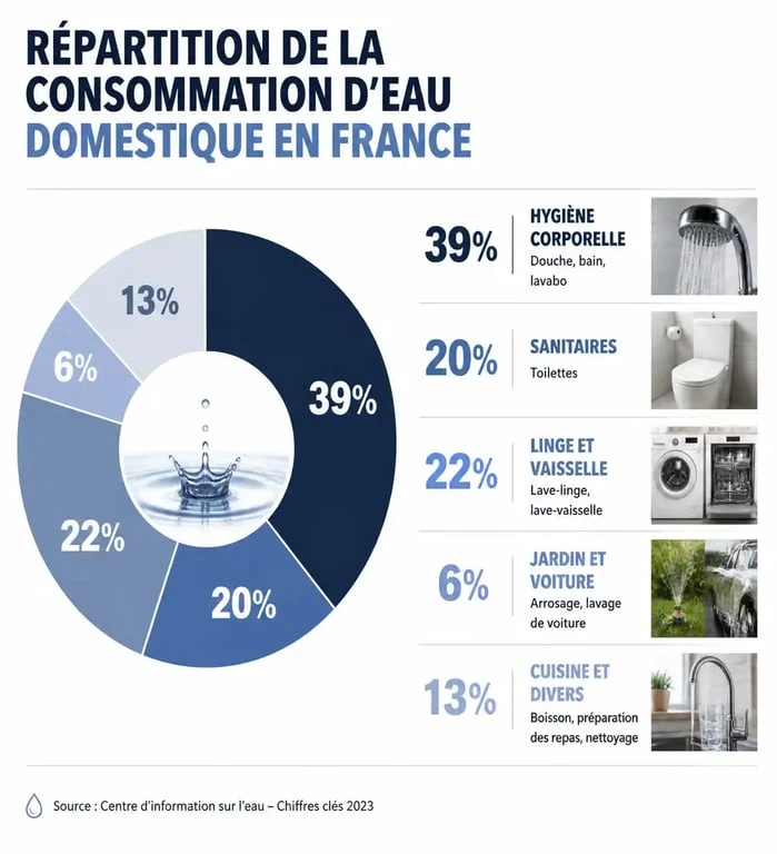 Répartition de la consommation moyenne d'eau par usage domestique en France