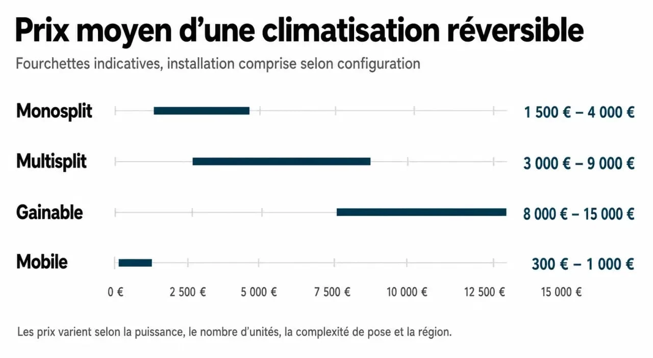 Comparatif des prix moyens d'une climatisation réversible selon le modèle : monosplit, multisplit, gainable et mobile