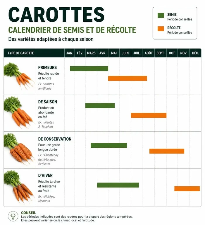 Calendrier de semis et récolte des carottes au potager