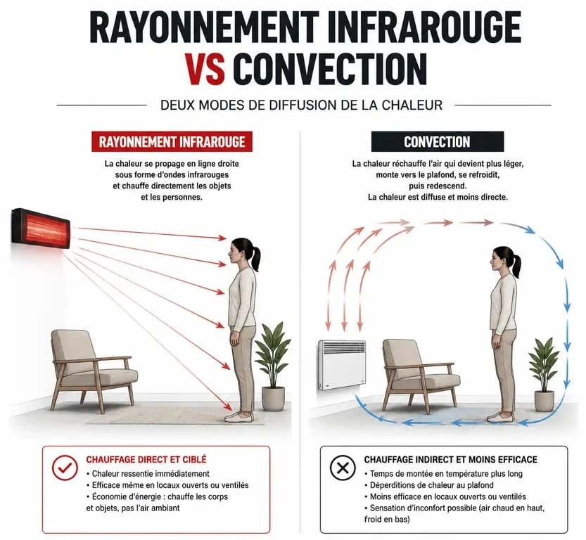 Schéma comparatif du fonctionnement d'un panneau rayonnant par infrarouge