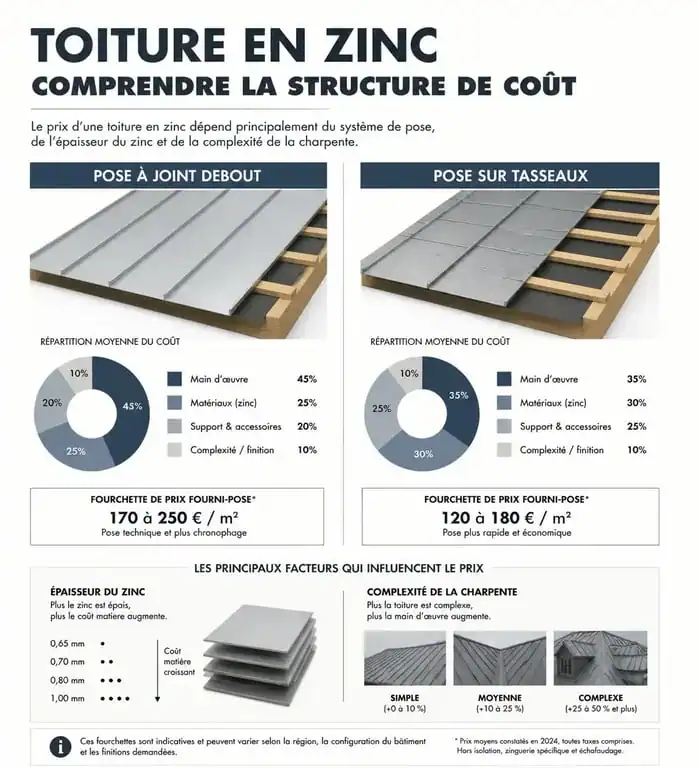 Infographie comparative des prix et techniques de pose pour une toiture en zinc