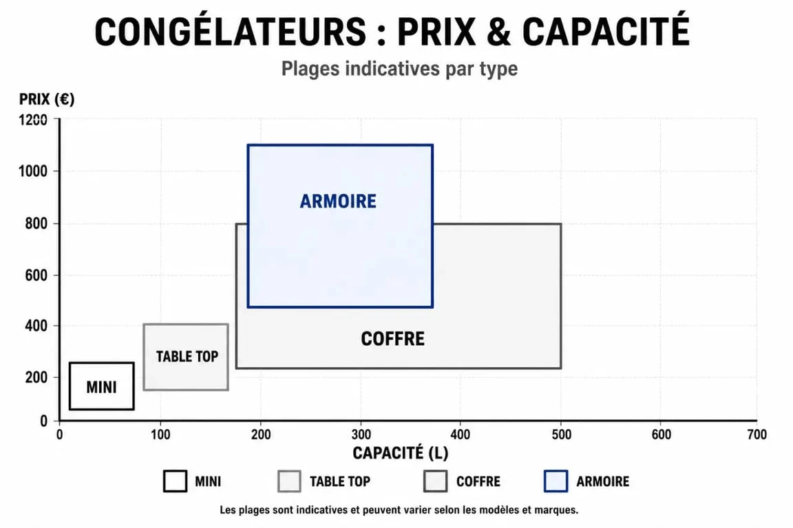 Comparatif des prix et capacités des différents types de congélateurs : coffre, armoire, table top et mini.
