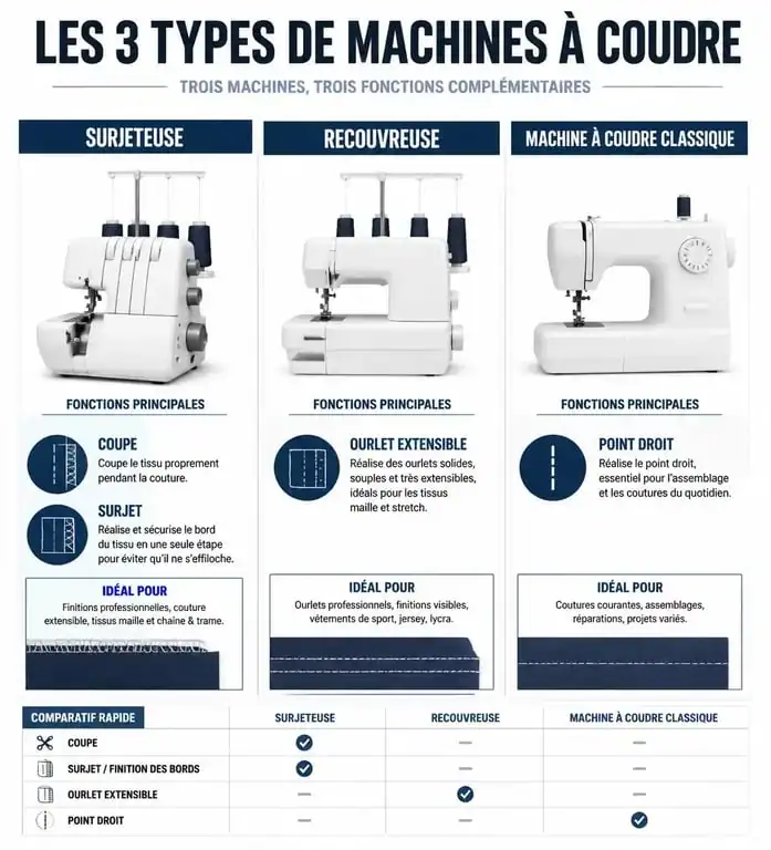 Infographie comparative des machines à coudre : surfileuse, surjeteuse et recouvreuse pour bien choisir son équipement.