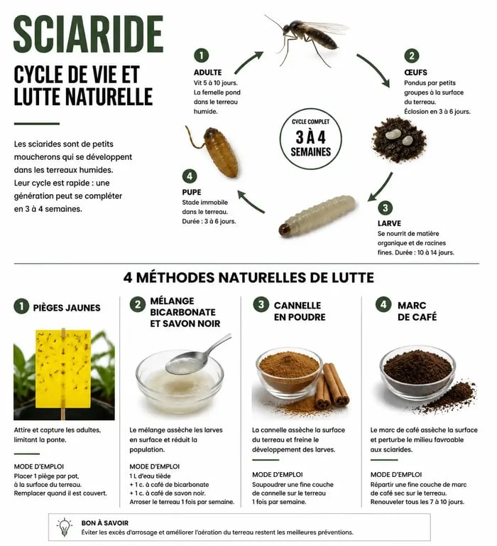 Infographie sur les méthodes naturelles pour éliminer les moucherons dans les plantes et prévenir leur retour