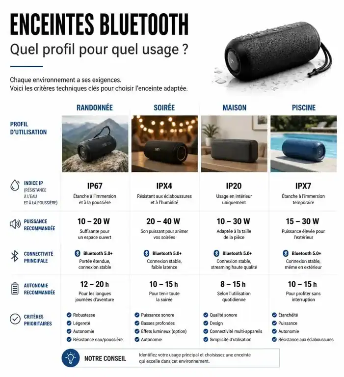 Infographie comparative pour choisir son enceinte Bluetooth selon l'usage et les critères techniques
